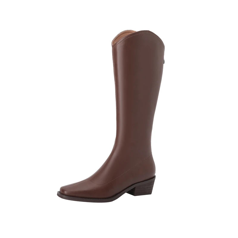 Kaky's New Square Head Cowhide Mid Heel Genuine Leather Cowhide Women's Boots High Sleeve Boots Long Boots Western Boots