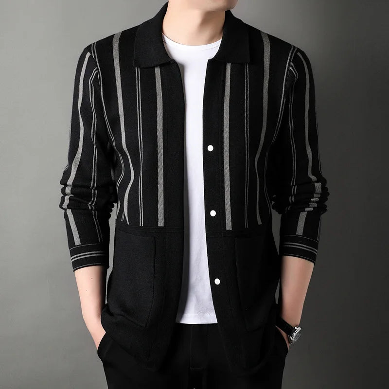 Middle-Aged Men's Cardigan Knitted Long-Sleeve T-Shirt Spring and Autumn New Model Collar Stripe Father's Leisure Sweater Coat
