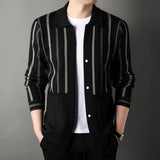 Middle-Aged Men's Cardigan Knitted Long-Sleeve T-Shirt Spring and Autumn New Model Collar Stripe Father's Leisure Sweater Coat