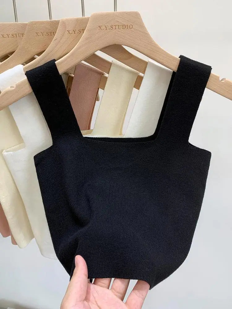 zjaiss 2025 Summer Women Sexy Sleeveless Tops Fashion Short Square Collar Tank Tops 6 Colors Knitted Crop Top ﻿