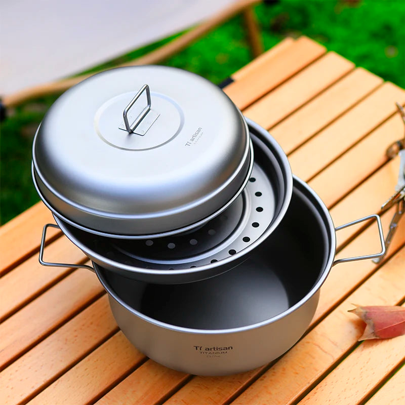 Camping Titanium Cooking Pot 2L Ti Cooking Steamer Ultralight Folding Handle