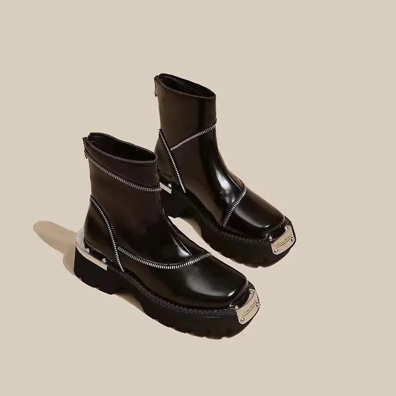 High Quality Black Shoes for Women Platform Boots Street Round Toe Ladies Shoes Non-slip Thick-soled Goth Boots Zapatos De Mujer