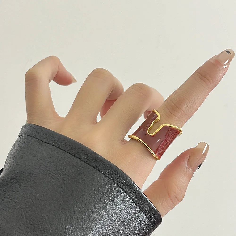 Retro Irregular Glossy Glazed Metal Open Ring for Women