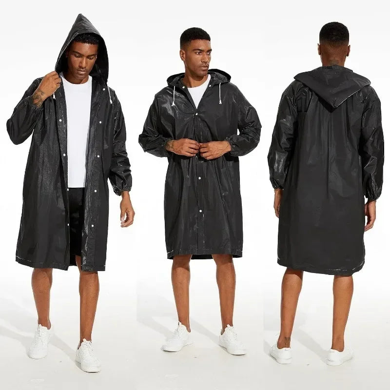 Black Raincoat Portable EVA Raincoats for Adults Reusable Rain Ponchos with Hoods and Sleeves Lightweight Raincoats