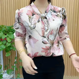 New Lady Casual Half Sleeve Bow Tie Collar Printed Blouses Tops Women Spring Summer Style Chiffon Blouses Shirts