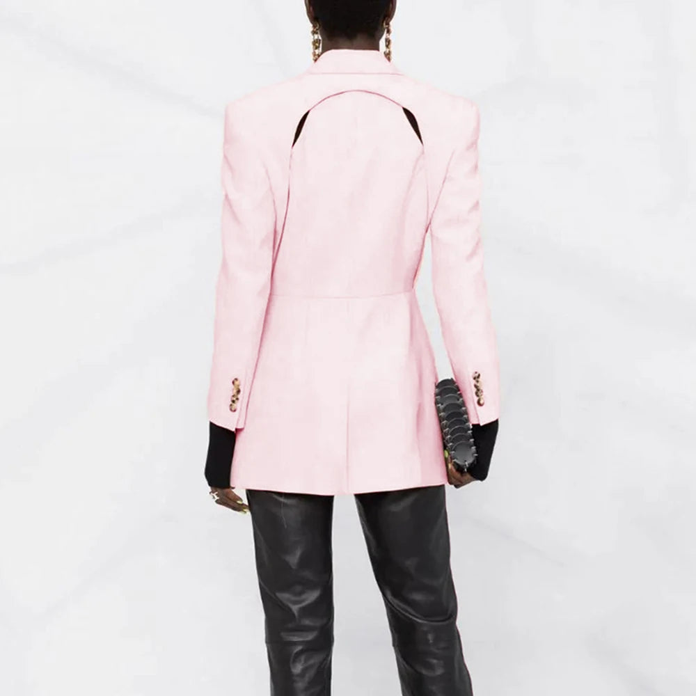 TWOTWINSTYLE Patchwork Button Slim Blazer For Women Notched Collar Long Sleeve Spliced Pockets Hollow Out Designer Coat Female