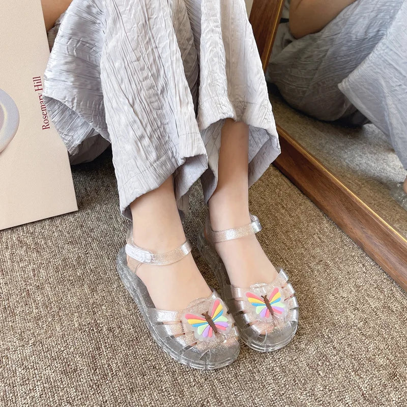 New Sandals Girls Slippers Summer Rainbow Butterfly Roman Shoes Crystal Jelly Shoes Princess Baby Sandals Beach Toddler Shoes