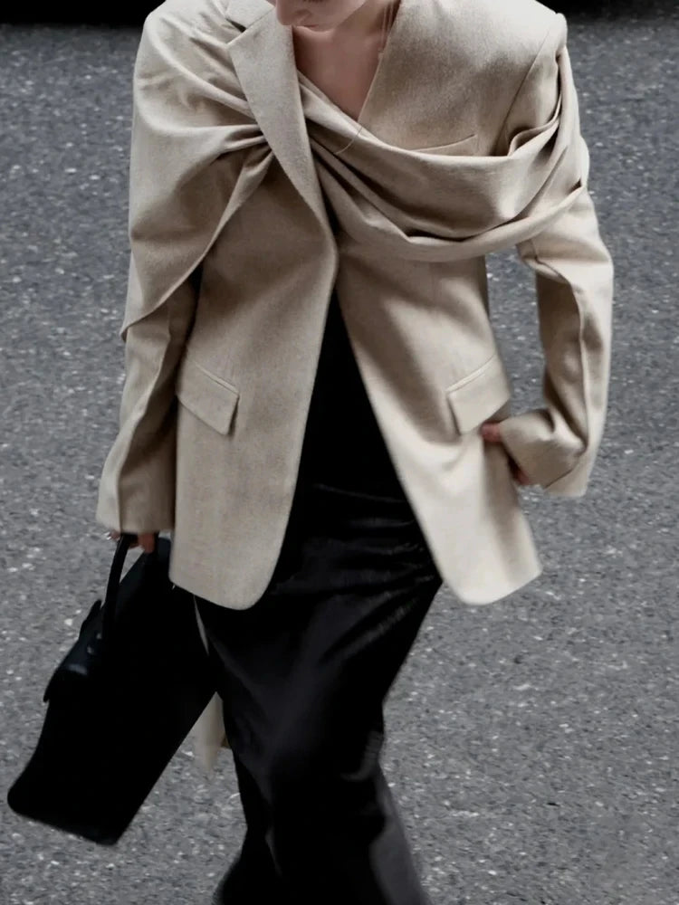 TWOTWINSTYLE Solid Minimalist Blazer For Women Scarf Collar Long Sleeve Patchwork Pocket Asymmetrical Blazers Female Fashion New
