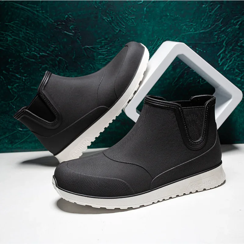 Black Rain Shoes for Men Rubber Shoe Platform Ankle Boots 2025 Autumn Winter Slip on Booties Boots for Men Waterproof Work Botas