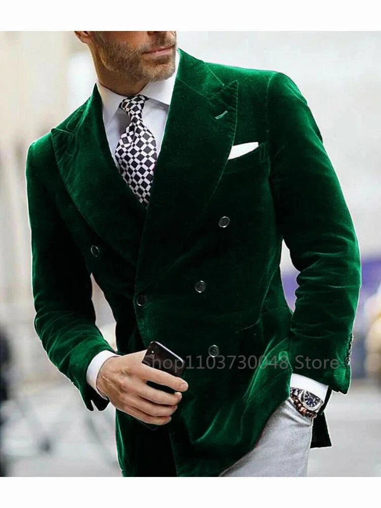Green/Black Velvet Blazer for Men with Peak Lapel Double Breasted Dinner Jacket Elegant Smoking Suit Wedding Coat