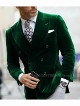 Green/Black Velvet Blazer for Men with Peak Lapel Double Breasted Dinner Jacket Elegant Smoking Suit Wedding Coat