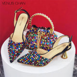 Popularity Pointed Toe Heels for Women 2024 Elegant Party Golden Color Full Diamond Pumps Italian Shoes and Bags Matching Set