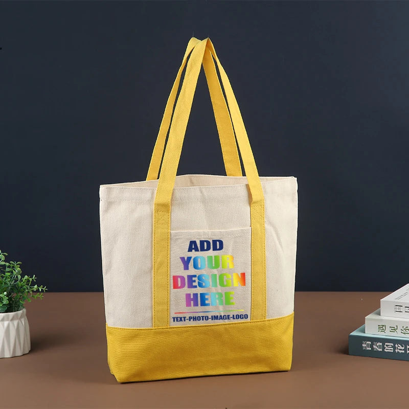 Customized Women Tote Bag Personalized Name Print Logo Zippered Canvas Shopping Tote Bag