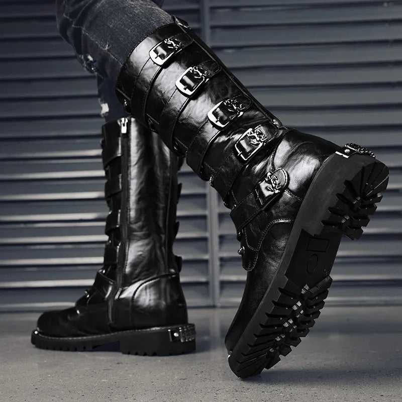 Black Motorcycle Boots Men's Leather High Boots Streetwear Designer Men Boots Punk Cowboy Boots Male Tooling Boots Big Size 46