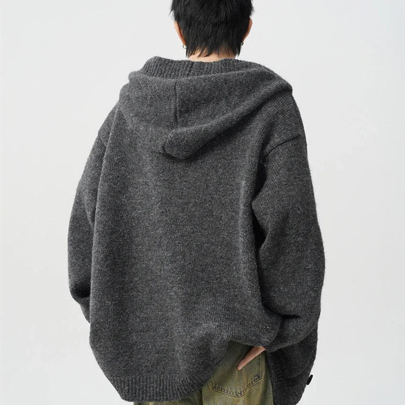 Spring Gray Woollen Knitted Cardigan Hooded Sweater For Men Pockets Korean Fashion Knitwear Jacket Y2K Vintage Jumpers Hombre