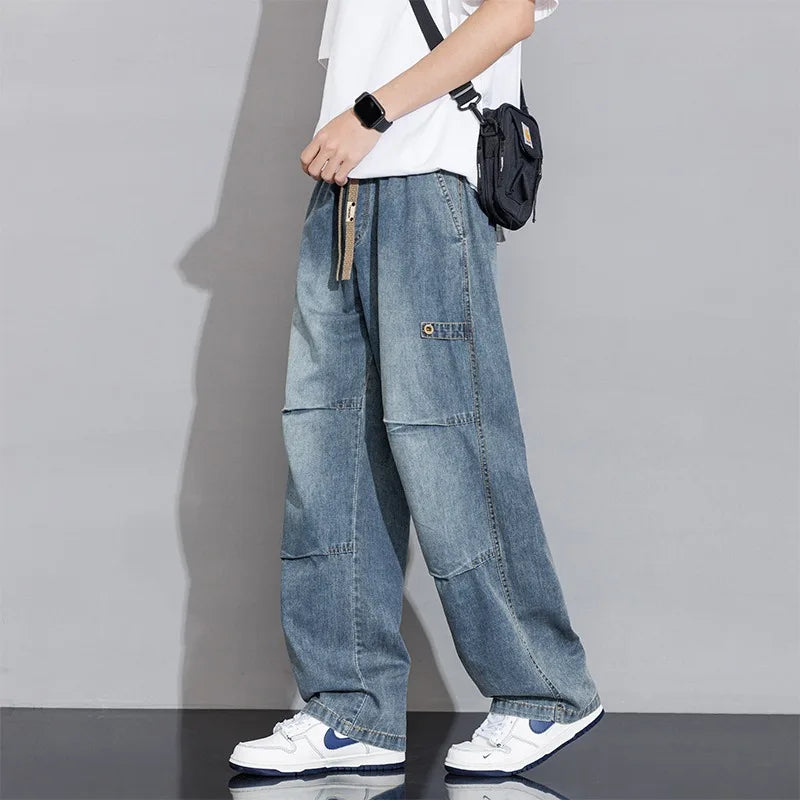 2025 Spring Summer New Vintage Washed Cotton Jeans for Men Clothing Drawstring Straight Men Pants
