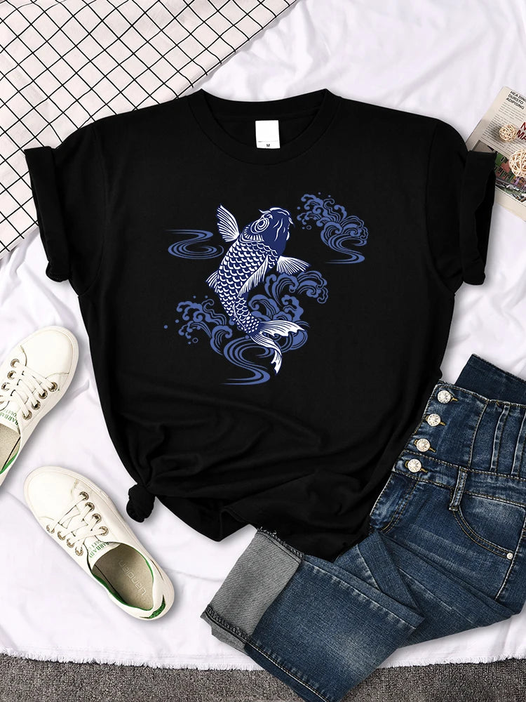 Tshirt For Woman Paper Cut Koi Good Luck Printing Womens T Shirt Kawaii Fashion Women Top Roud Neck Breathable Tshirts For Women