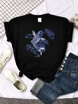Tshirt For Woman Paper Cut Koi Good Luck Printing Womens T Shirt Kawaii Fashion Women Top Roud Neck Breathable Tshirts For Women