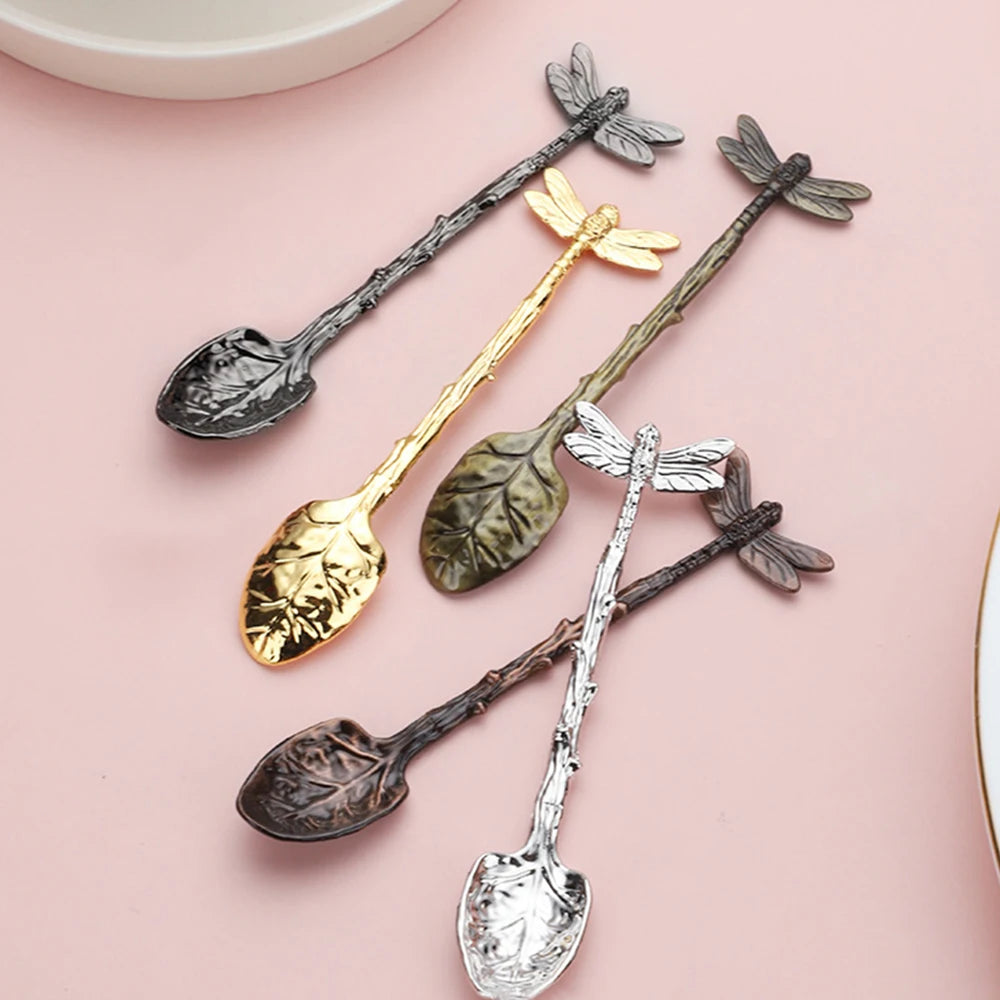 New Retro Coffee Spoon Dragonfly Twig Decorative Stirring Spoon Alloy Leaf Spoon Forest Style Portable Dessert Spoon Tea Spoon