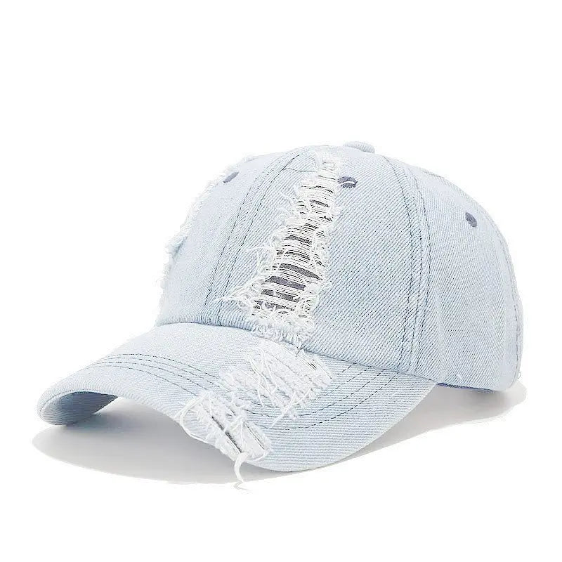 Baseball cap for men in spring and summer, fashionable European and American washed hole denim duckbill cap, outdoor casual sun