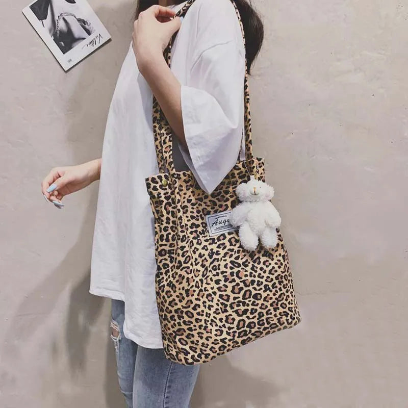 Leopard Print Casual Handbag Canvas Shoulder Bag Ladies Fashion Tote Bags