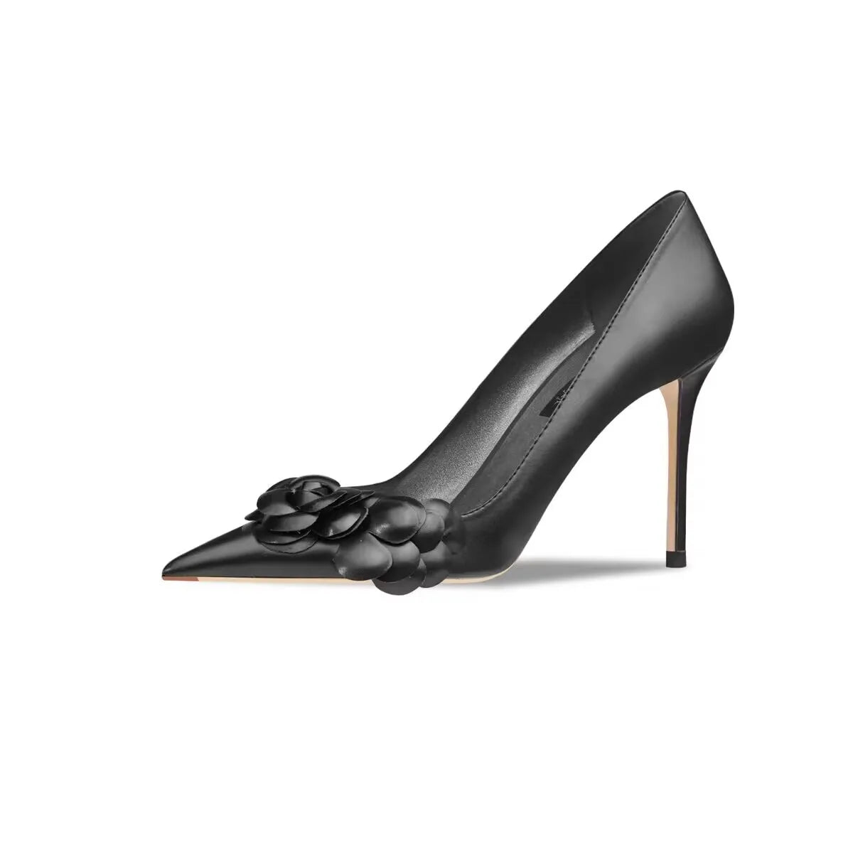 Real leather black camellia high heels for women 2024 new French pointed thin heel design, niche temperament single shoe