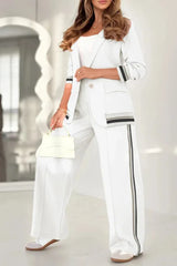 Pant Sets Women Wide Leg Pants Two Piece Set Button Coats Matching Sets Patchwork High Waist Elegant Trousers Pockets Sporty