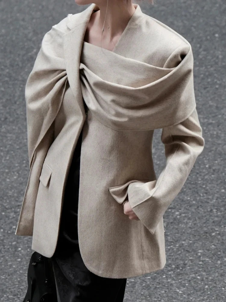 TWOTWINSTYLE Solid Minimalist Blazer For Women Scarf Collar Long Sleeve Patchwork Pocket Asymmetrical Blazers Female Fashion New
