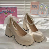 Fashion Women's High Heels with Elegant Bows Women Shoes Thick Heel Shoes for Women Retro Party Square Toe Pearl Sandals