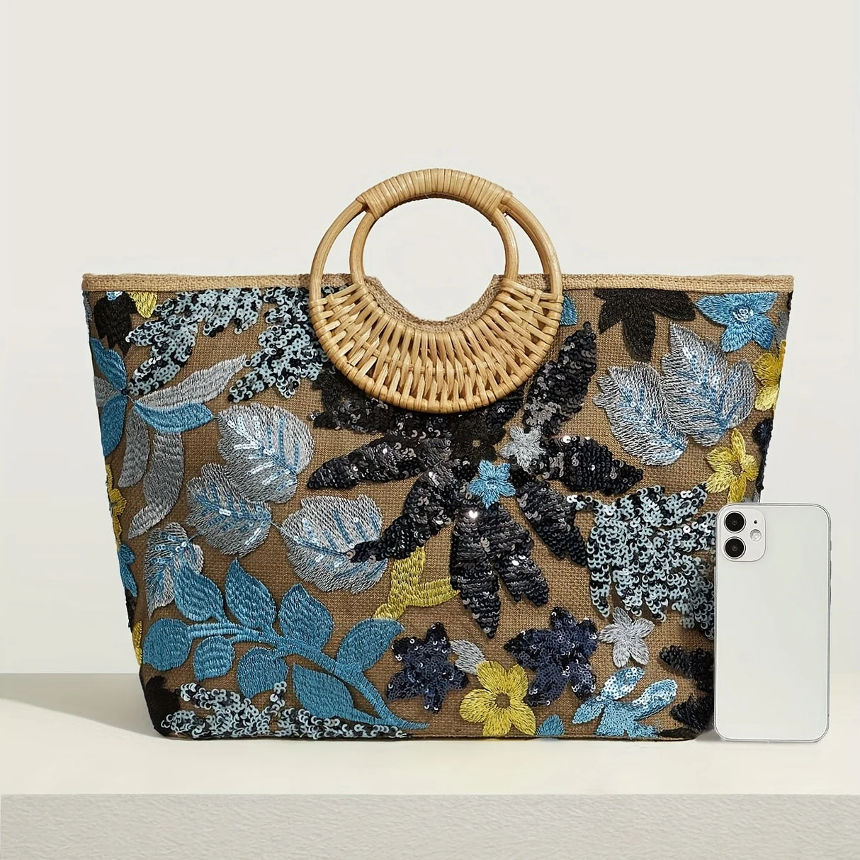 Women's Tote Bag Bead Flower Round Hand Weave Capacity Large Tote Bag Beach Bag