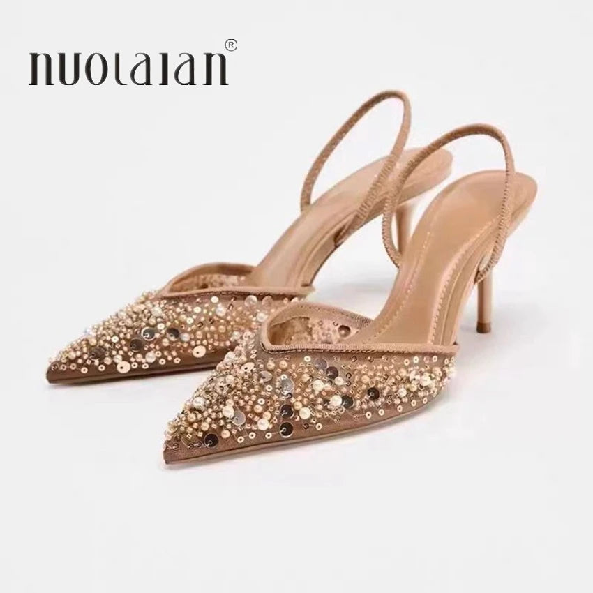 New Beaded Mesh Slingback High Heels For Women Luxury Pointed toe Heeled Pumps Office Lady Pumps Summer Stiletto Shoe Sandals