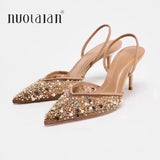New Beaded Mesh Slingback High Heels For Women Luxury Pointed toe Heeled Pumps Office Lady Pumps Summer Stiletto Shoe Sandals