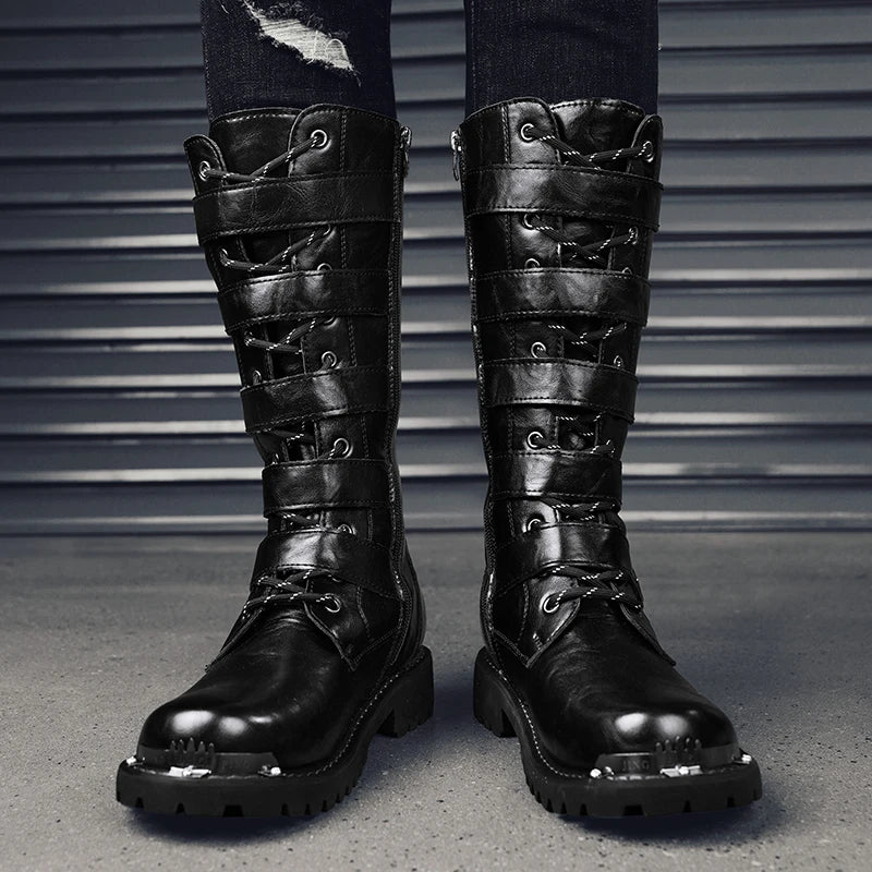 2025 High Leather Boots Men Black Boots Gothic Punk Motorcycle Boots Men Big Size 46 Comfy Platform Boots for Men Tooling Boots