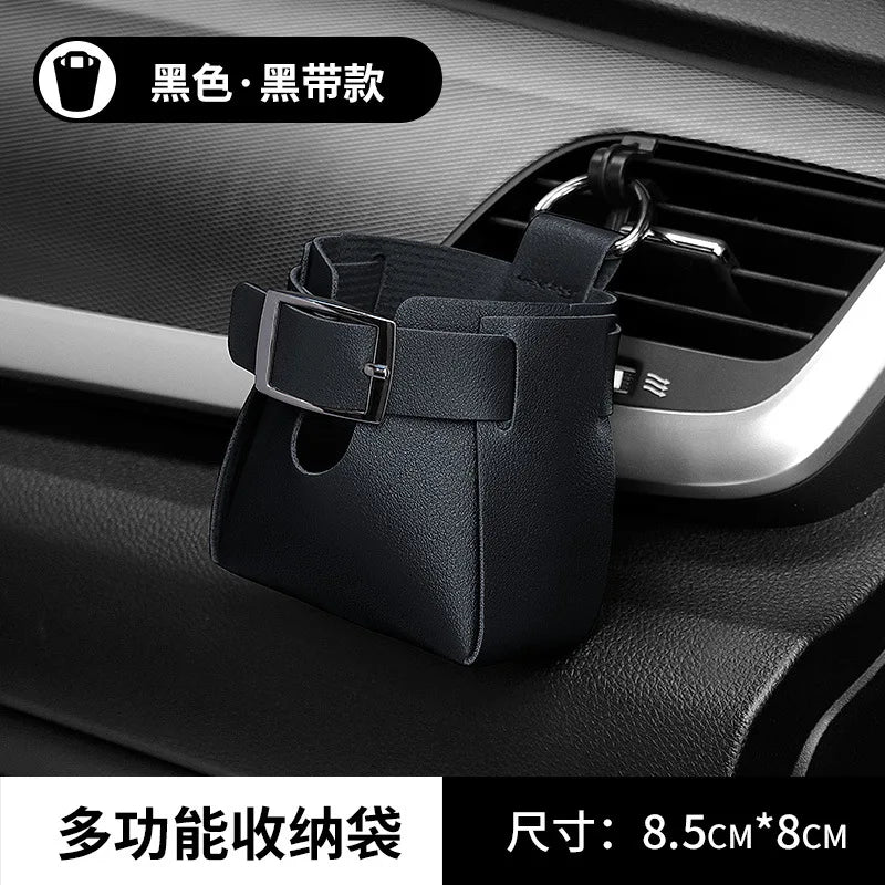 Car Storage Bag Air Vent Dashboard Tidy Hanging Leather Organizer Box Glasses Phone Holder Storage Organizer Car Accessories