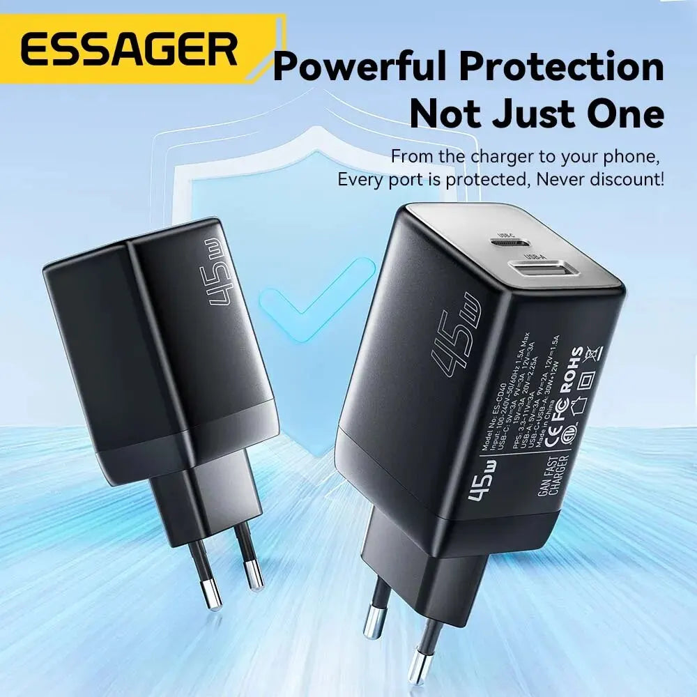 Essager GaN 45W USB Charger Fast Charger PD QC 3.0 USB C Charger Quick Charger For iPhone 14 13 Travel Charger for Samsung S21