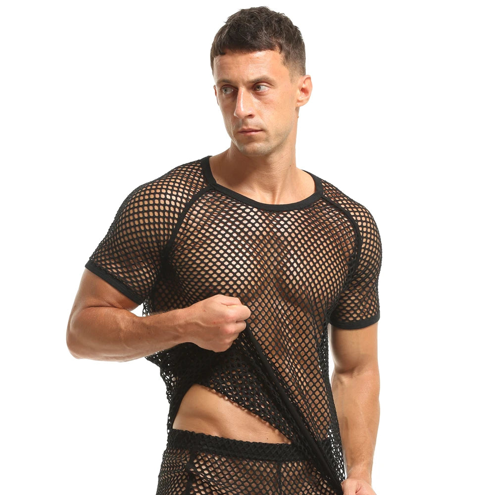Sexy T-shirts for Men See-Through Mesh Breathable Short Sleeve Clothing Black Fashion Party Nightclub Transparent Man Shirt 2022