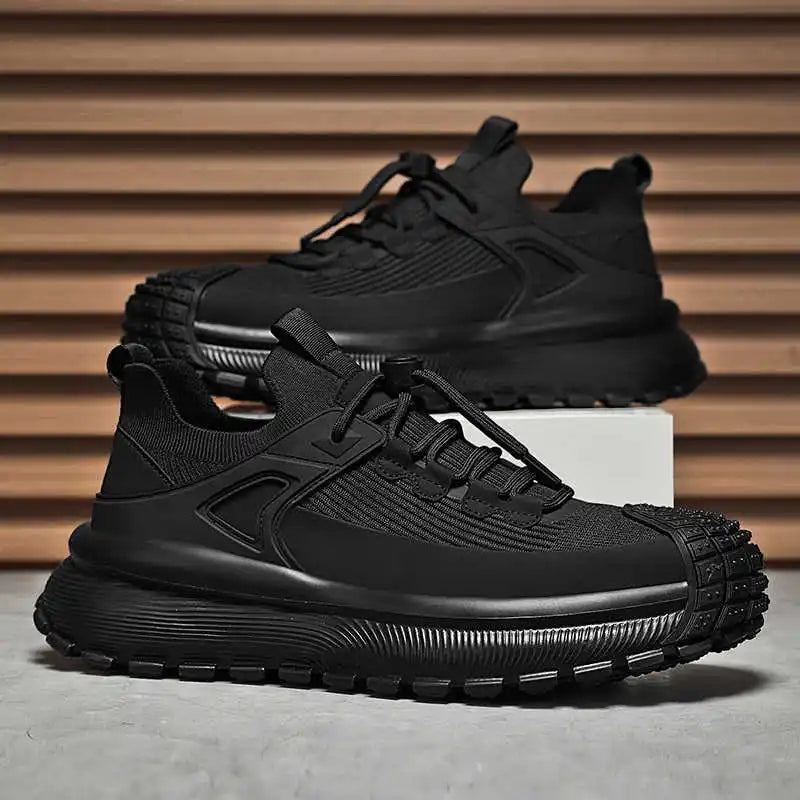 Black Men Knitted Sneakers Summer New Designer Trend Breathable Thick Bottom Casual Shoes Anti-slip Soft Men Running Sport Shoes