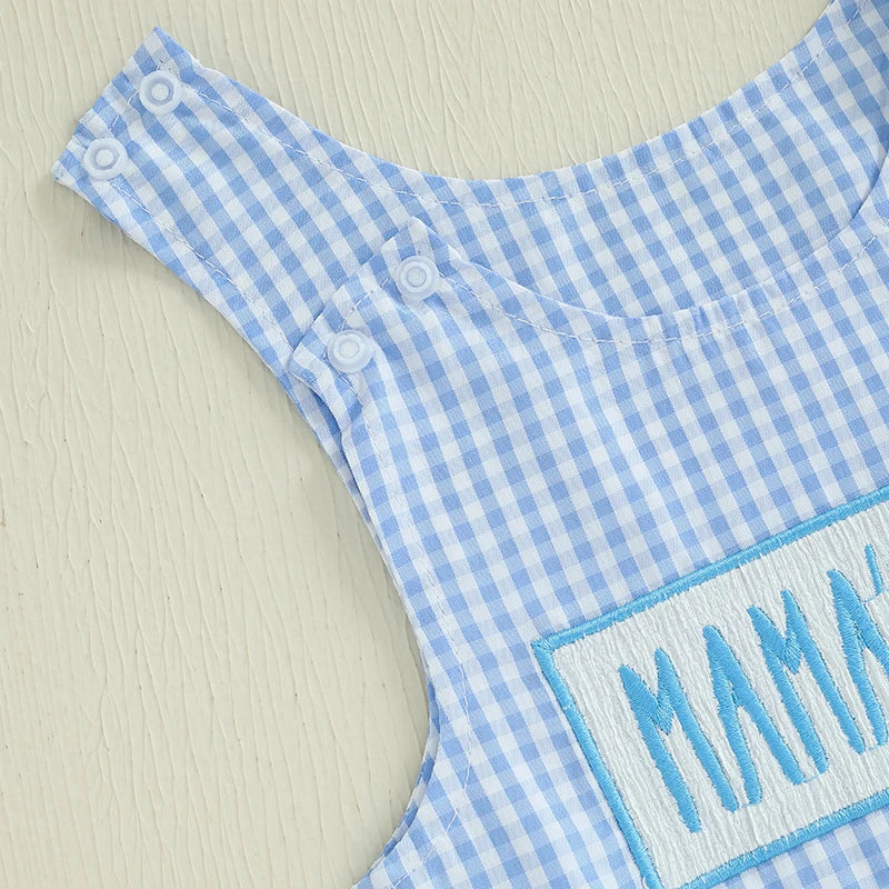 Baby Boy Summer Romper Overalls Letter Embroidery Plaid Print Sleeveless Round Neck Jumpsuit Newborn Baby Boy Clothes