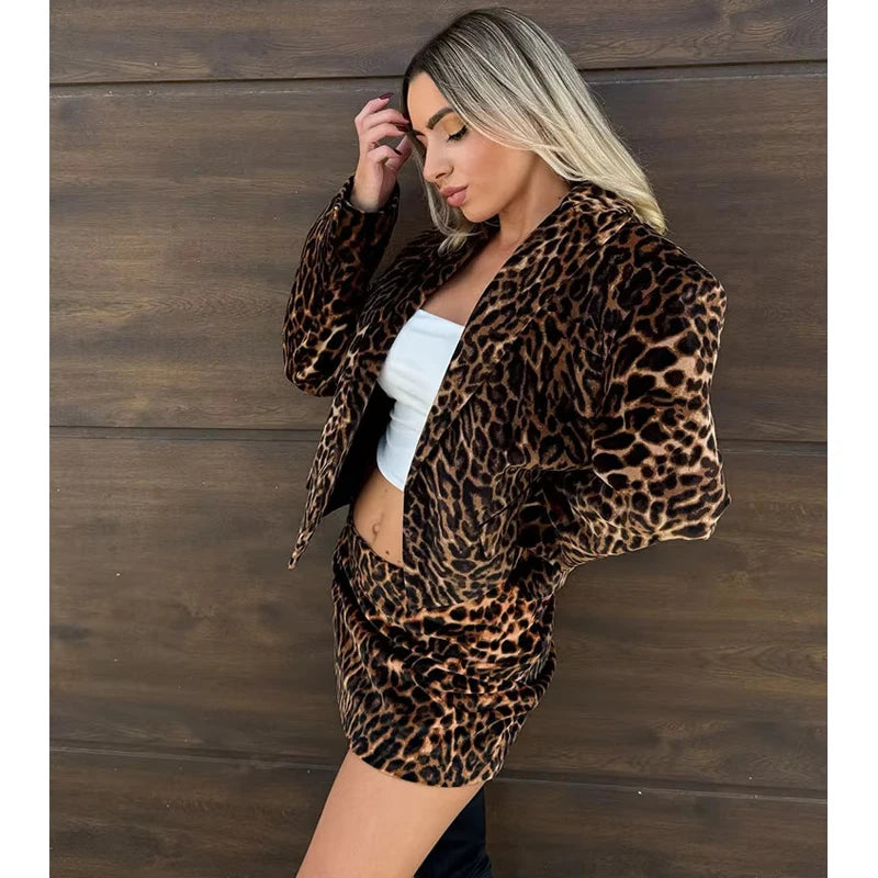 TRAF Leopard Print Blazer for Women Luxury Velvet Women's Blazers Suit Set Long Sleeve Office Blazer Woman Fashion Outerwears