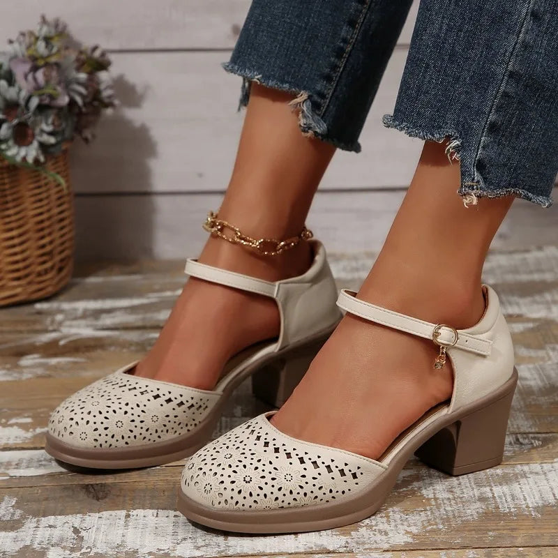 Ankle Strap High Heels for Women 2025 Summer Hollow Out Breathable Woman Comfortable Baotou Chunky Heeled Mary Jane Shoes
