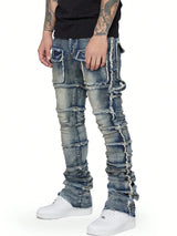2025 New Trendy Men Jeans, European and American Fashionable Workwear with Patch, Elastic, Laminated and Slightly Flared Men Den