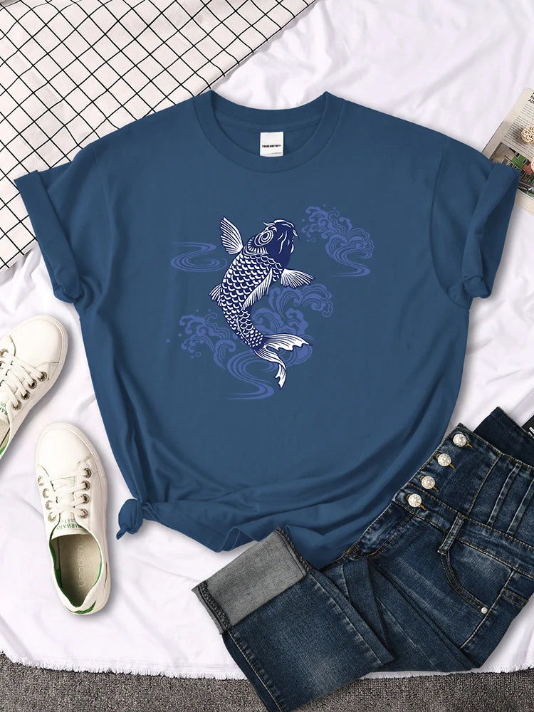 Tshirt For Woman Paper Cut Koi Good Luck Printing Womens T Shirt Kawaii Fashion Women Top Roud Neck Breathable Tshirts For Women