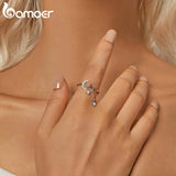 BAMOER 925 Sterling Silver Opal Star and Moon Chain Double Layer Ring for Women Wedding Adjustable Ring for Women Fine Jewelry