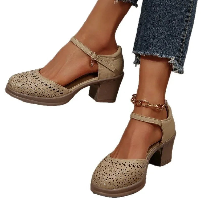 Ankle Strap High Heels for Women 2025 Summer Hollow Out Breathable Woman Comfortable Baotou Chunky Heeled Mary Jane Shoes