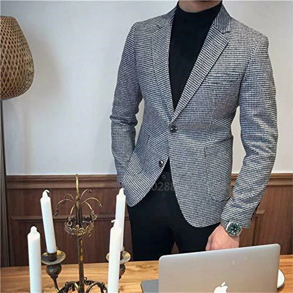 2024 British Style Slim Fit Houndstooth Blazer For Men Fashion Single Breasted Business Office Wedding Dress Suit Jacket
