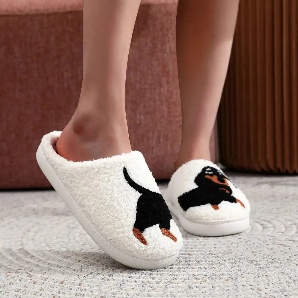 Women's Fuzzy Slip-on Slippers Warm Cozy Soft Lightweight Indoor House Shoes Bedroom Slippers with Pet Dog Pattern