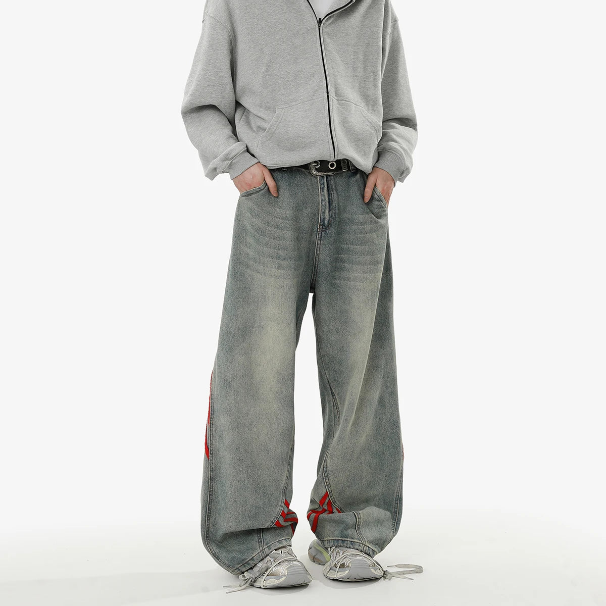 REBELOASIS American retro baggy wide leg jeans for men and women  loose casual striped washed long pants