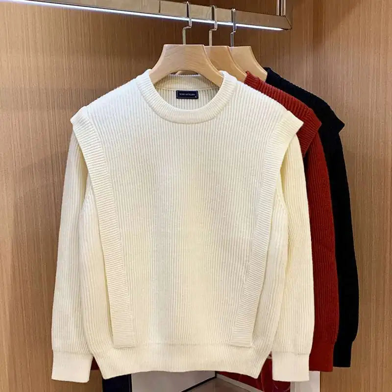 Men's Knitted Sweater Fashion Personality Winter Thick Fake Two-piece Sweaters Round Neck Long Sleeves Solid Color Pullover