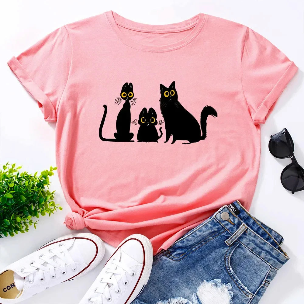 Women's T-shirts Black Cat Graphic T Shirt Oversized Short Sleeve Woman Tops Female Clothing Summer Tshirt