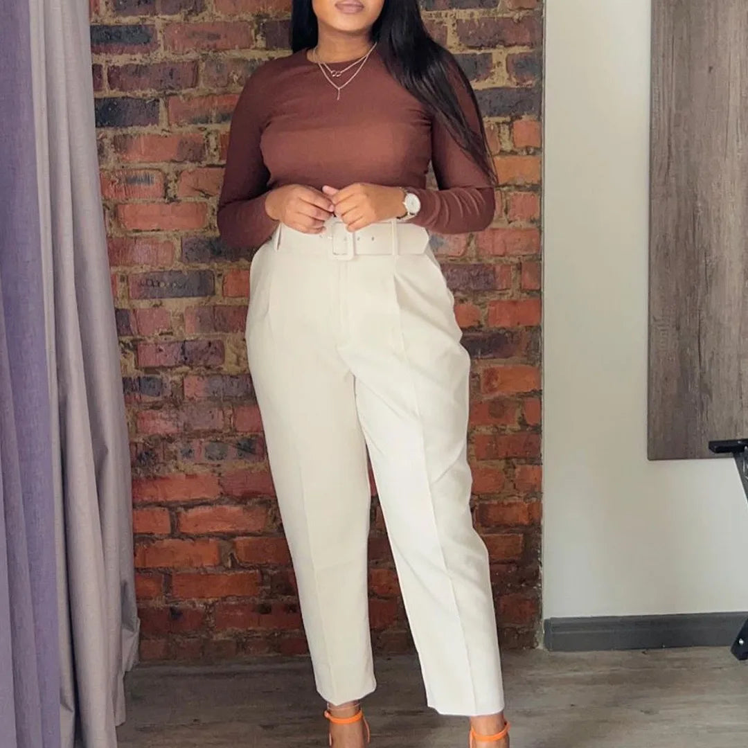 Work Pants for Women Office Elegant High Waisted Belt Waisted Straight Ankle Length Fashion Female Formal Business Bottoms Pants